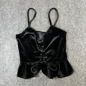 Forever 21 Black Velvet Lace Up Peplum Cami Top Small Sleeveless Corset Style